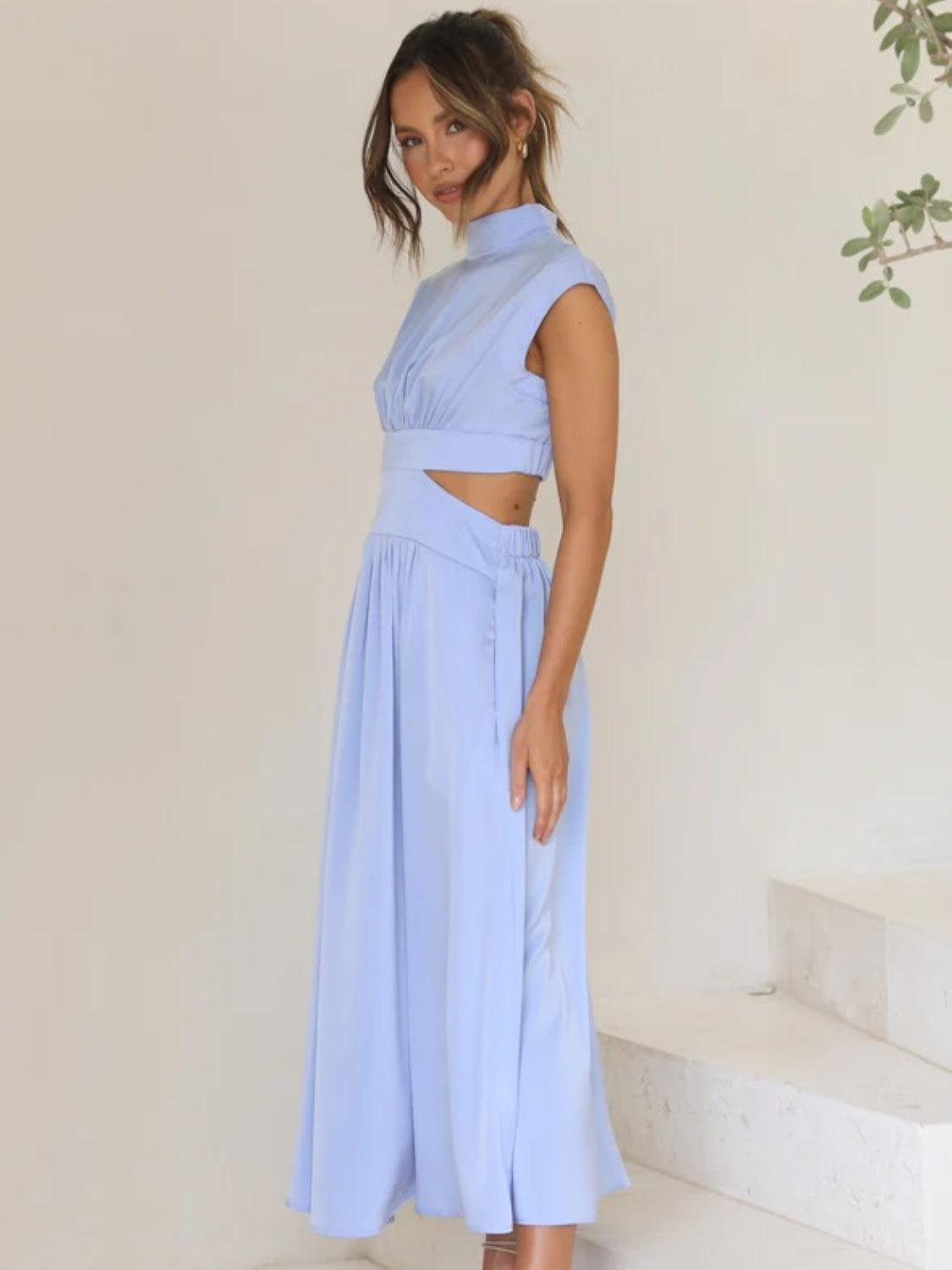 The Cutout Mock Neck Sleeveless Ruched Dress
