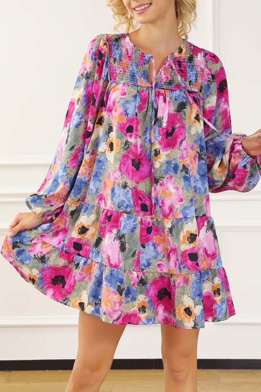 The Floral Tie Neck Long Sleeve Mini Dress