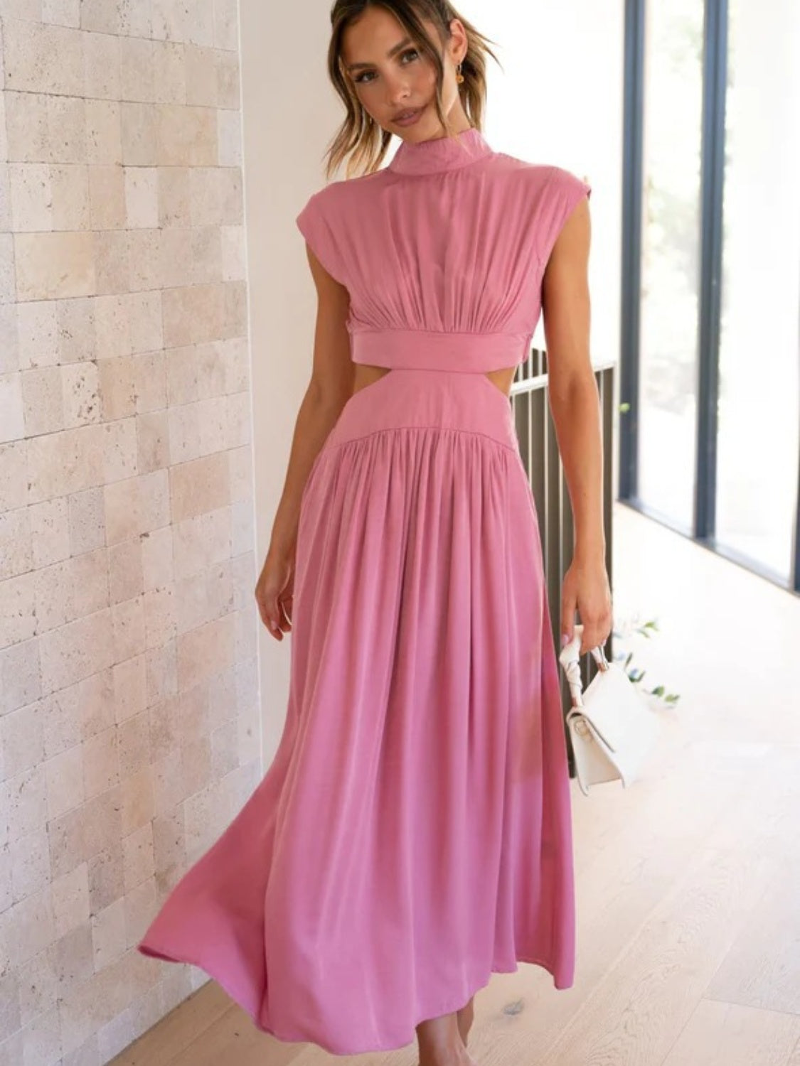 The Cutout Mock Neck Sleeveless Ruched Dress