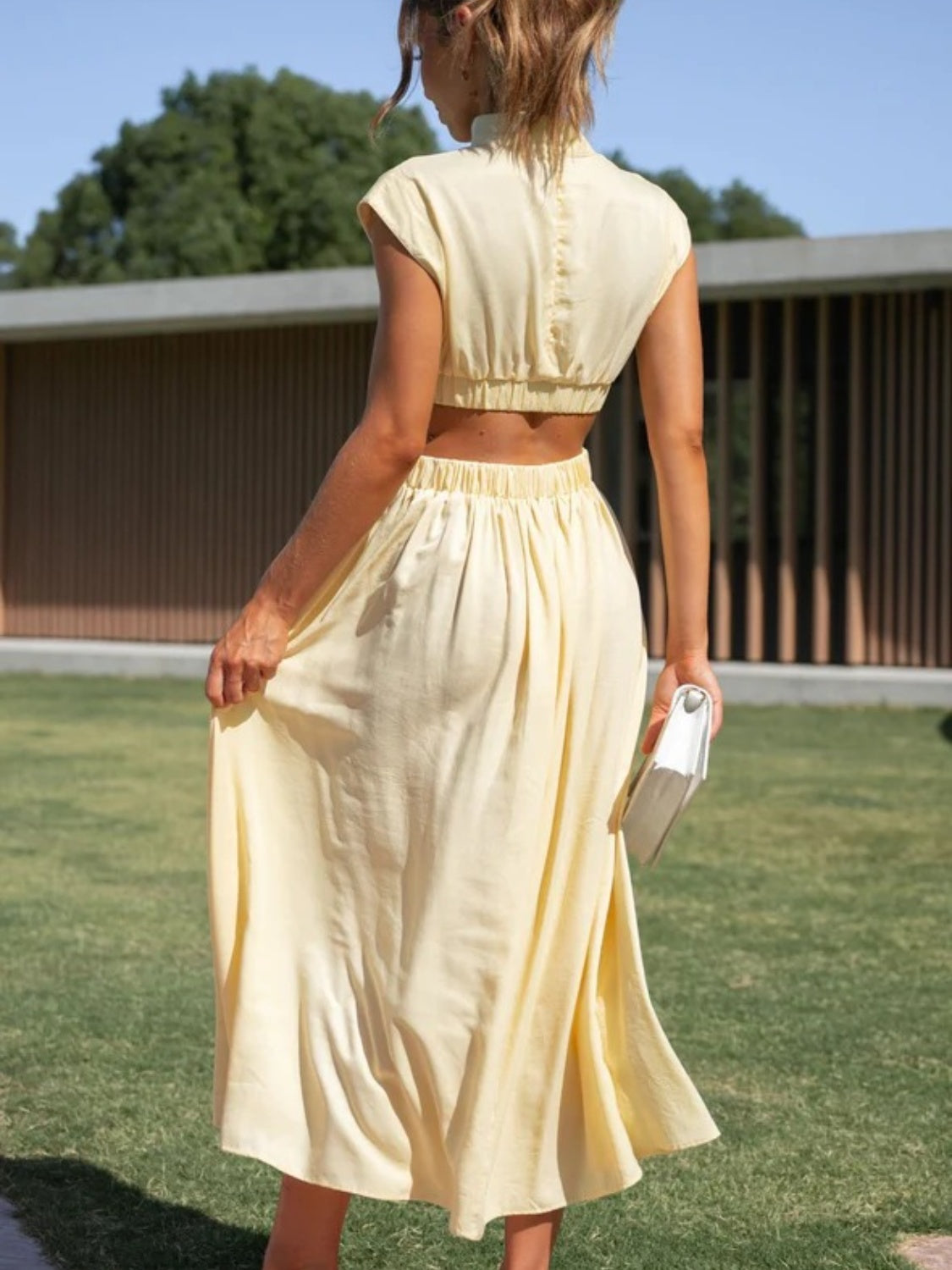 The Cutout Mock Neck Sleeveless Ruched Dress
