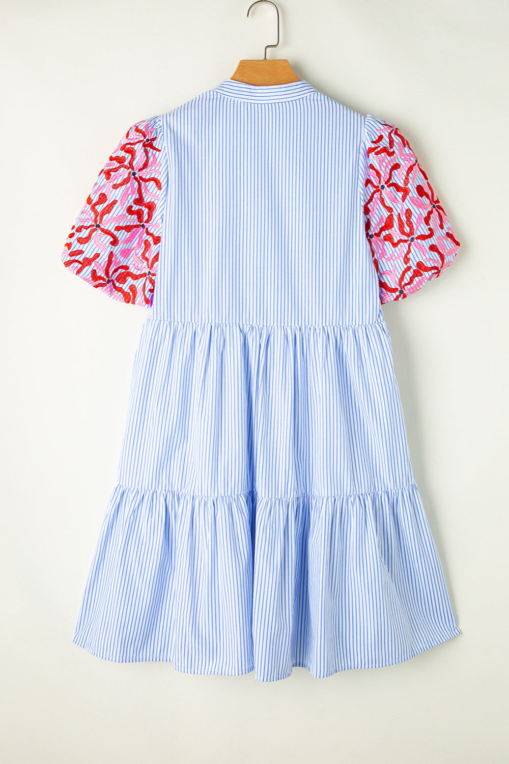 The Embroidered Striped Notched Short Sleeve Dress