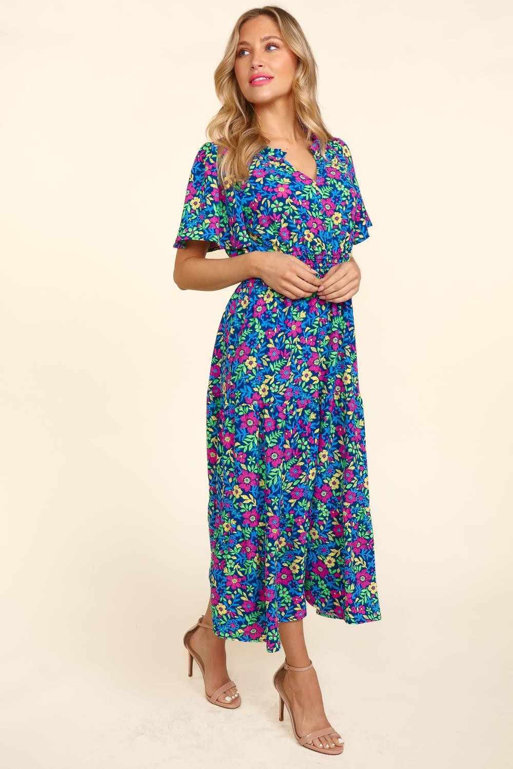 The Navy Notched Short Sleeve Dress with Pockets