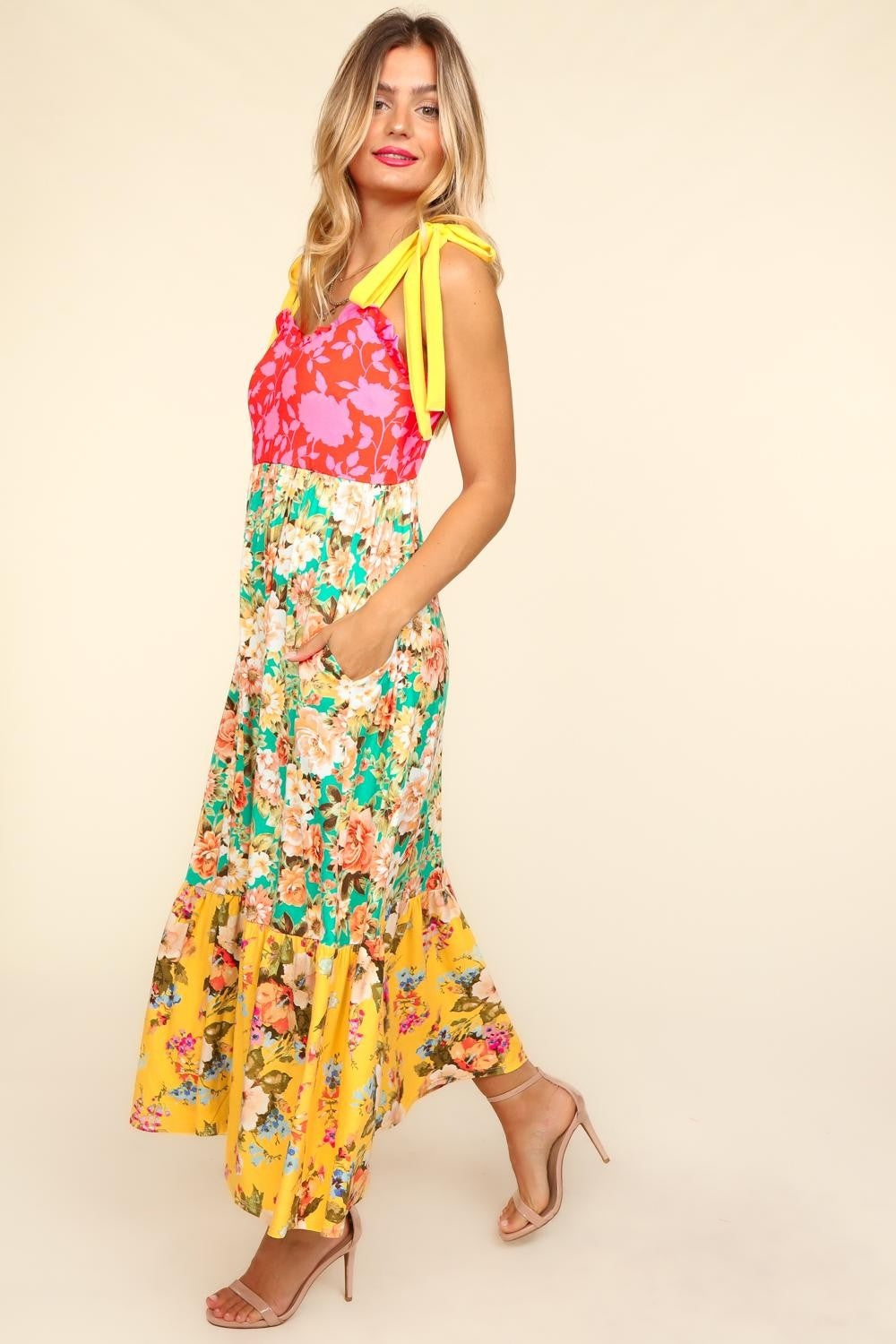 The Floral Color Block Maxi Dress with Pockets