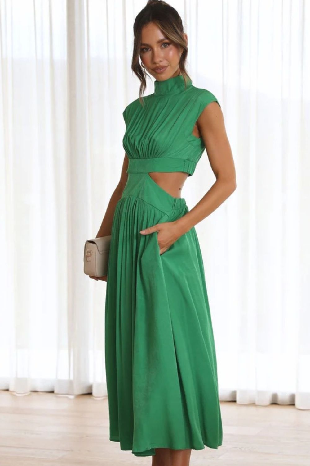 The Cutout Mock Neck Sleeveless Ruched Dress