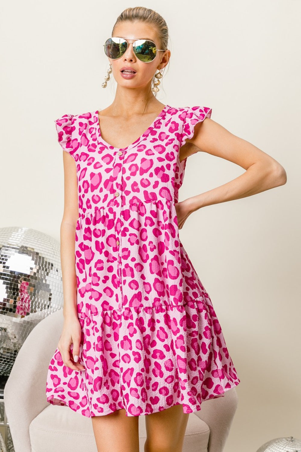 The Leopard Cap Sleeve Tiered Mini Dress