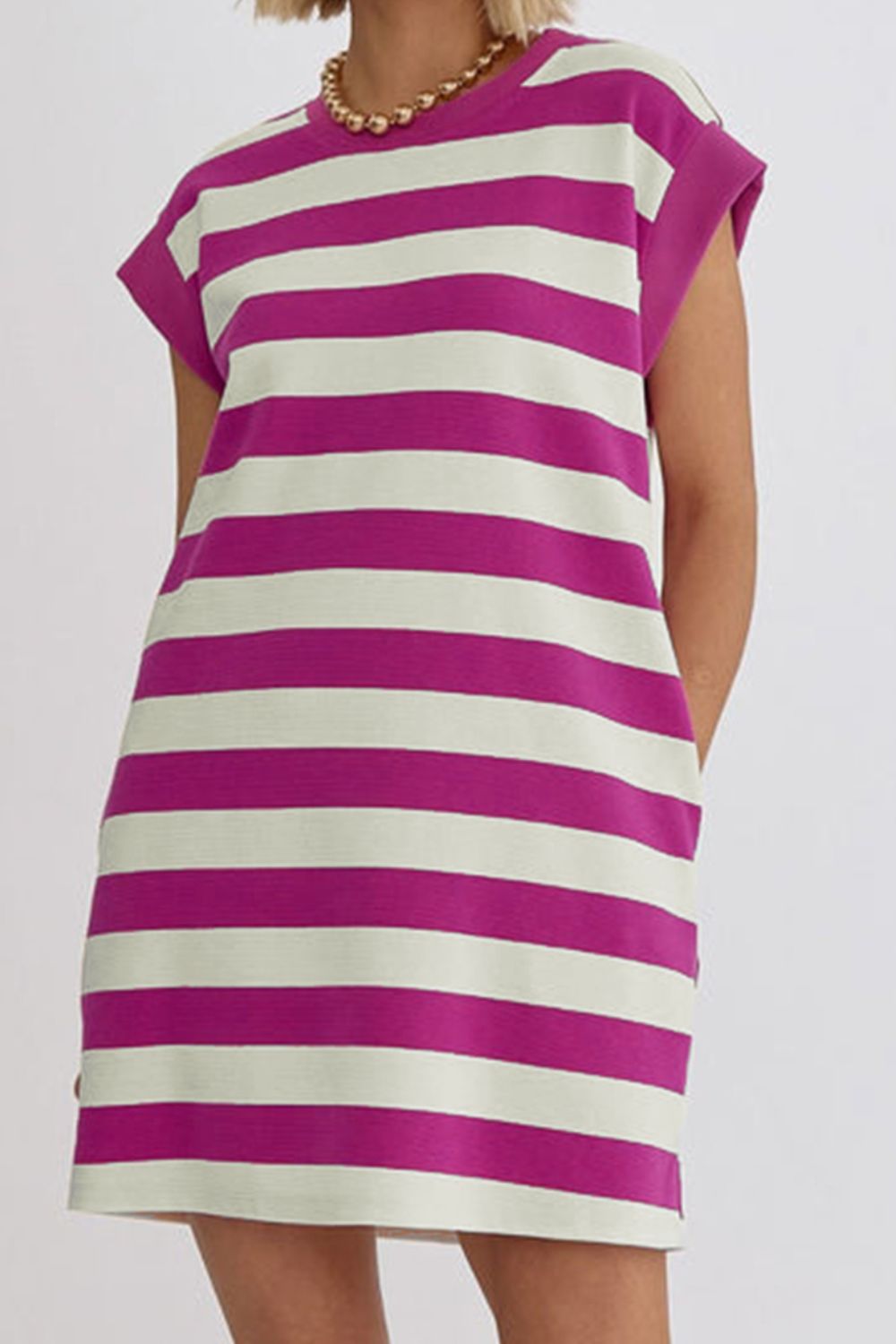 The Magenta Striped Round Neck Cap Sleeve Dress