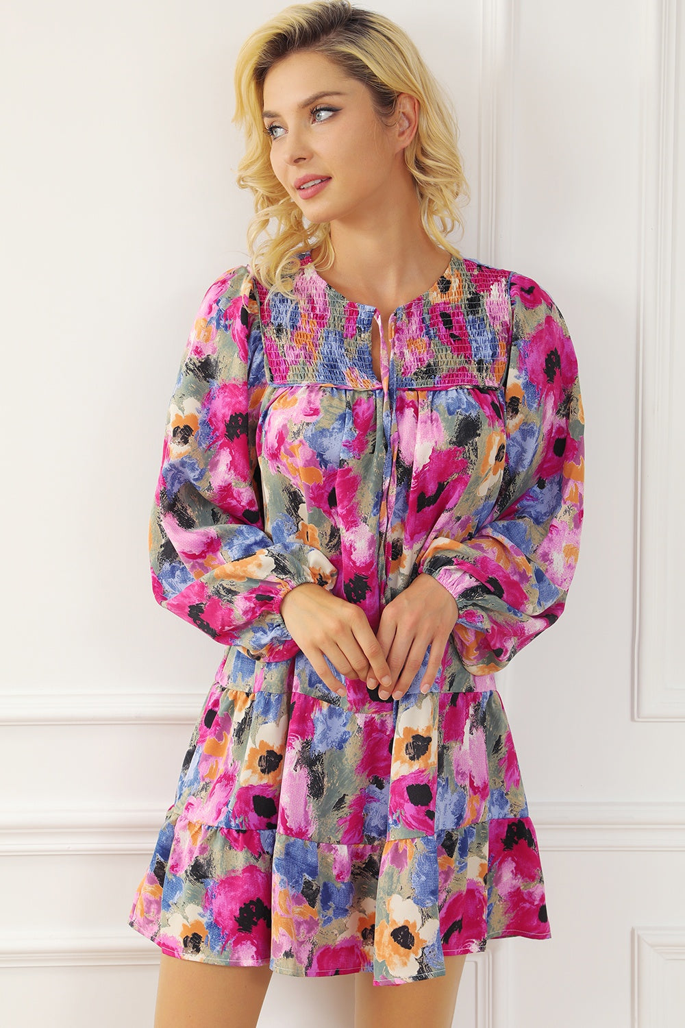 The Floral Tie Neck Long Sleeve Mini Dress