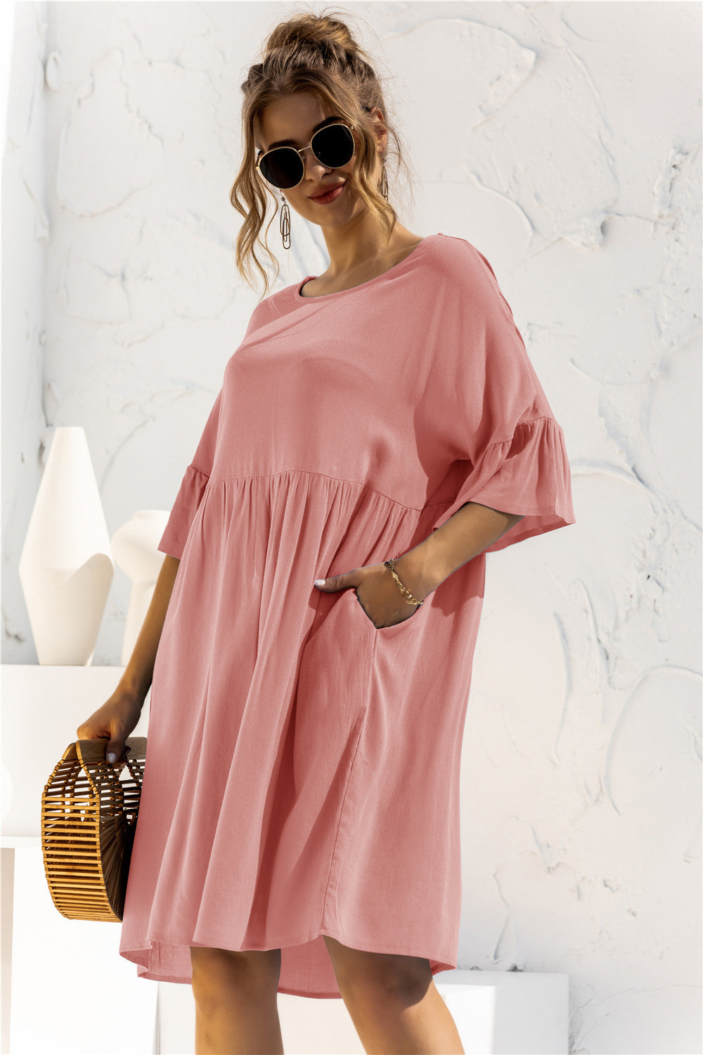 The Boat Neck Flounce Sleeve Knee-Length Dress