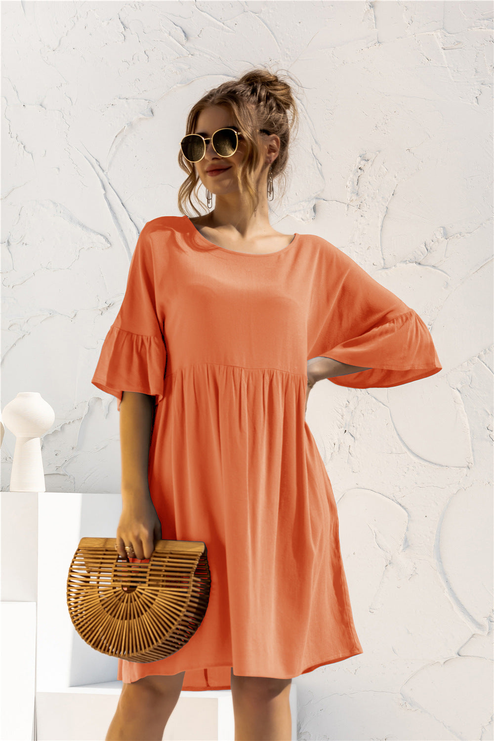 The Boat Neck Flounce Sleeve Knee-Length Dress