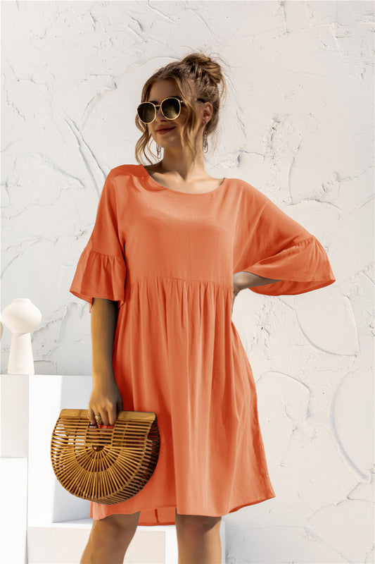 The Boat Neck Flounce Sleeve Knee-Length Dress