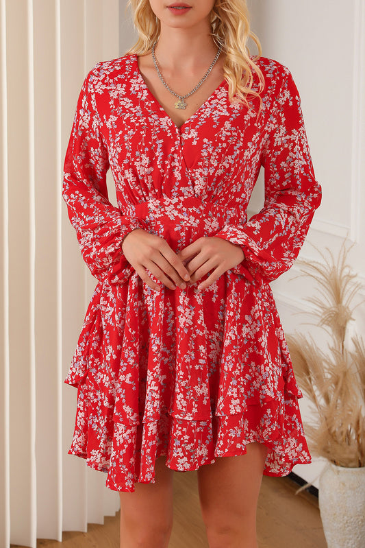 The Deep Red Balloon Sleeve Layered Dress