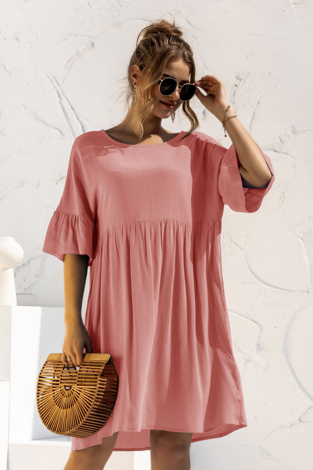 The Boat Neck Flounce Sleeve Knee-Length Dress