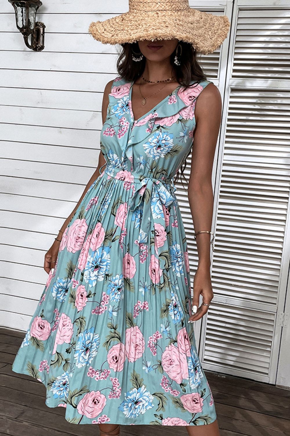 The Sky Blue & Pink Pleated Midi Dress
