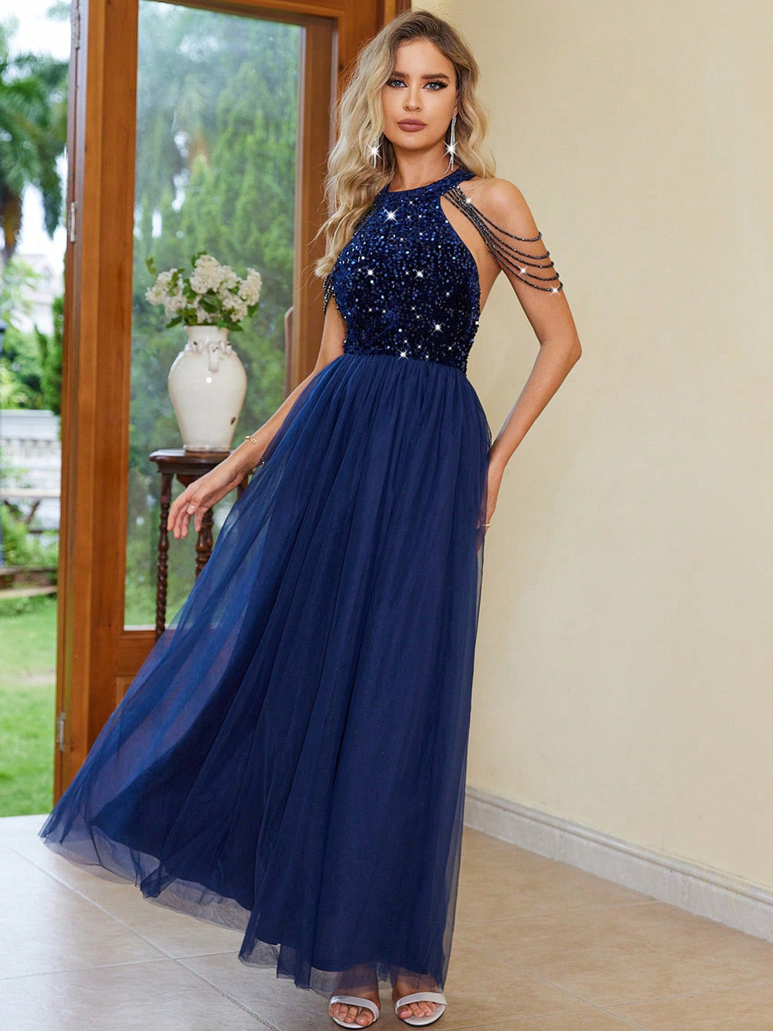 The Navy Draped Halter Neck Dress