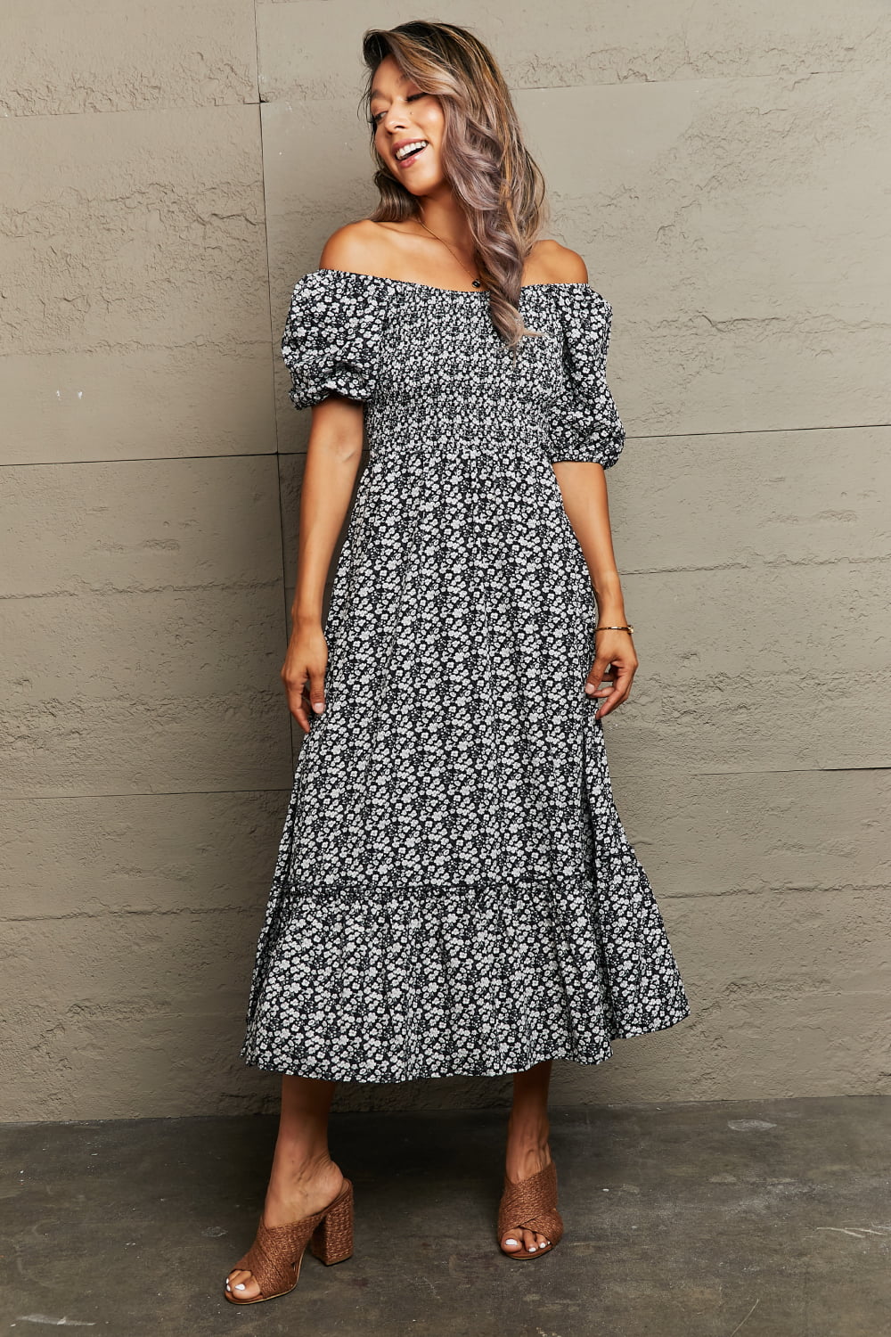 The Black Floral Lace-Up Off-Shoulder Midi Dress