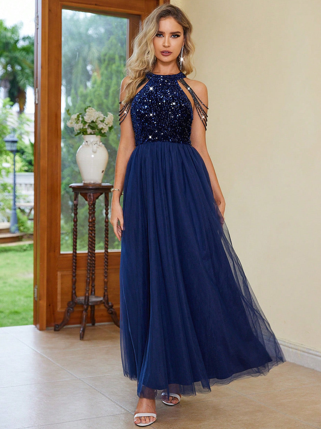 The Navy Draped Halter Neck Dress