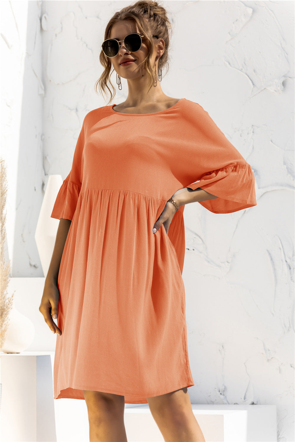 The Boat Neck Flounce Sleeve Knee-Length Dress