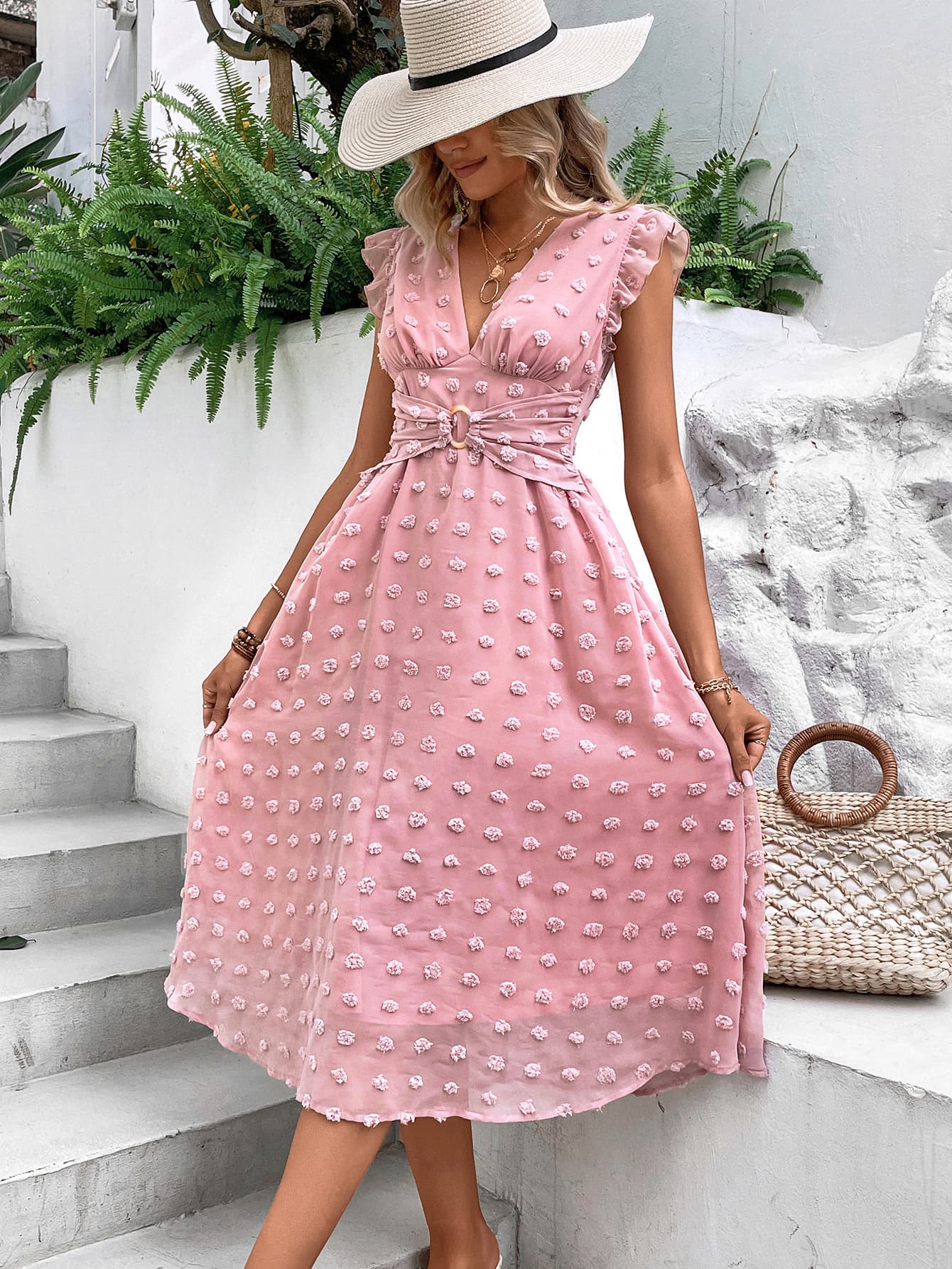 The Swiss Dot V-Neck Cap Sleeve Dress