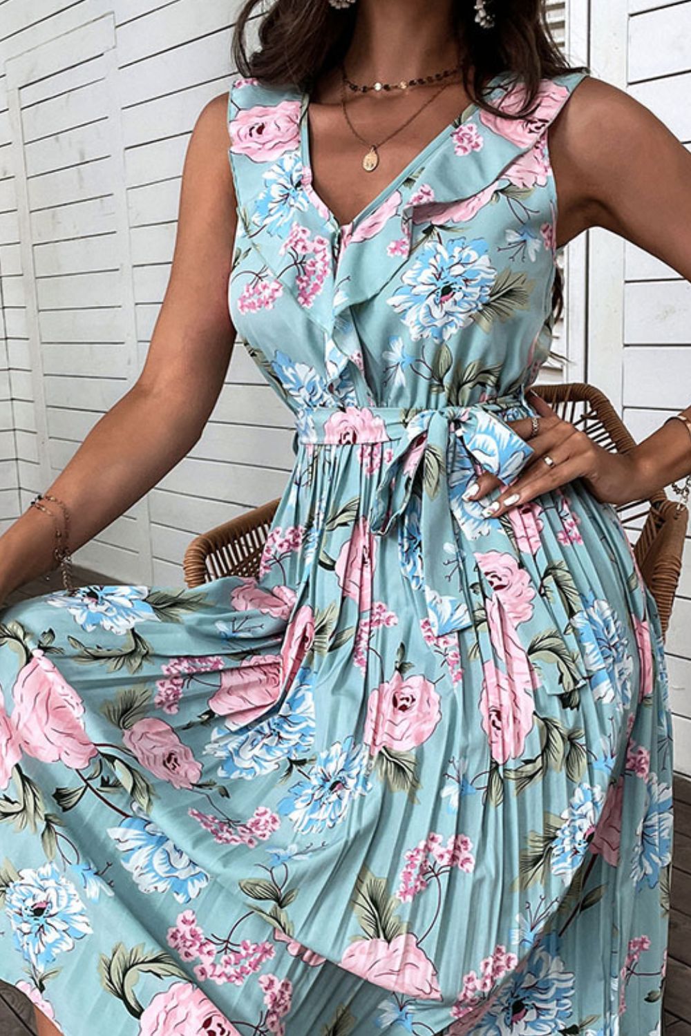 The Sky Blue Pink Pleated Midi Dress