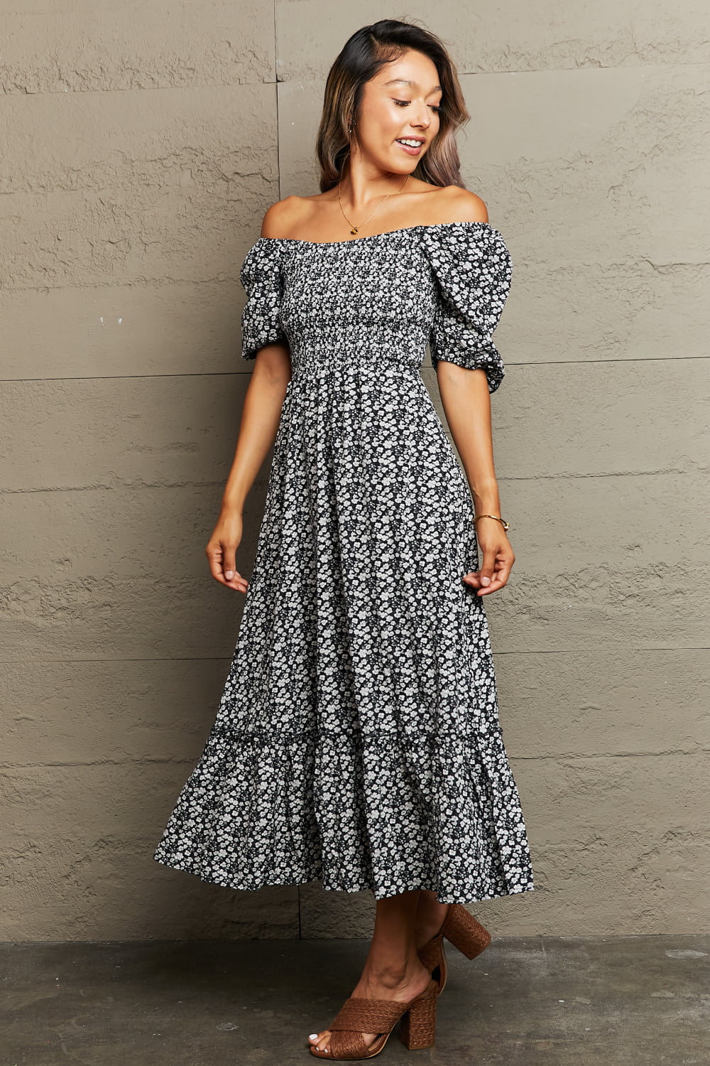 The Black Floral Lace-Up Off-Shoulder Midi Dress