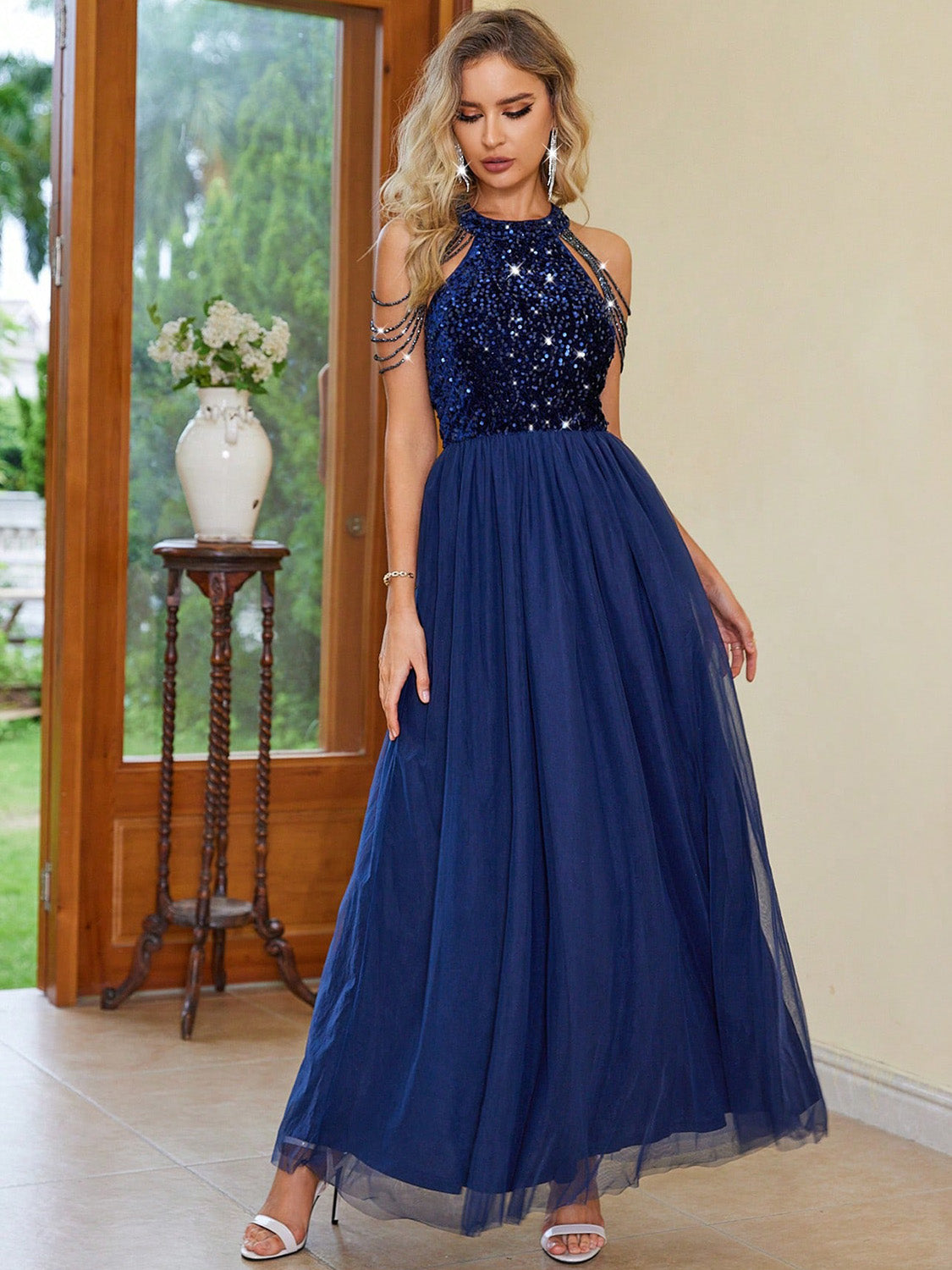 The Navy Draped Halter Neck Dress