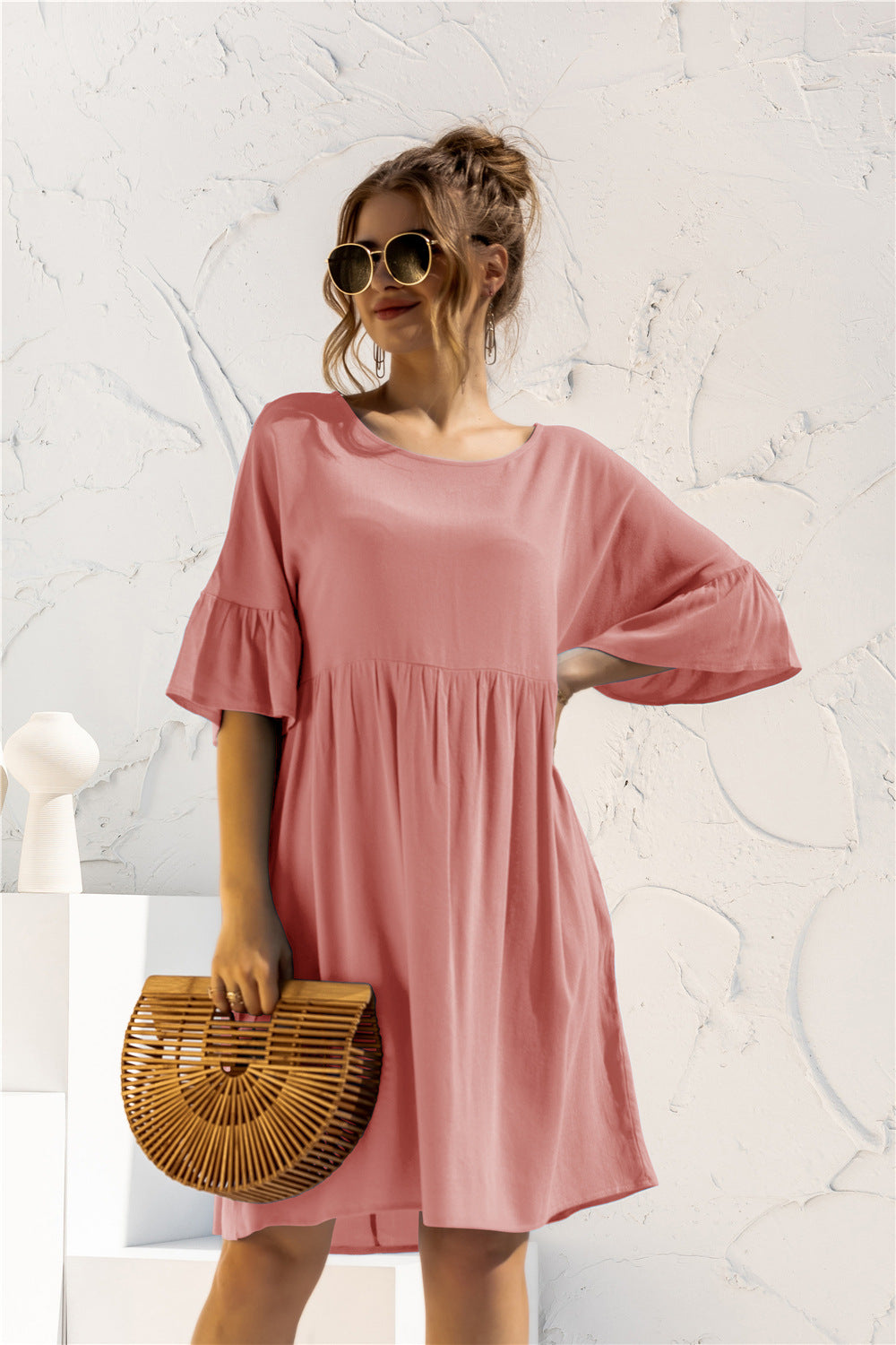 The Boat Neck Flounce Sleeve Knee-Length Dress