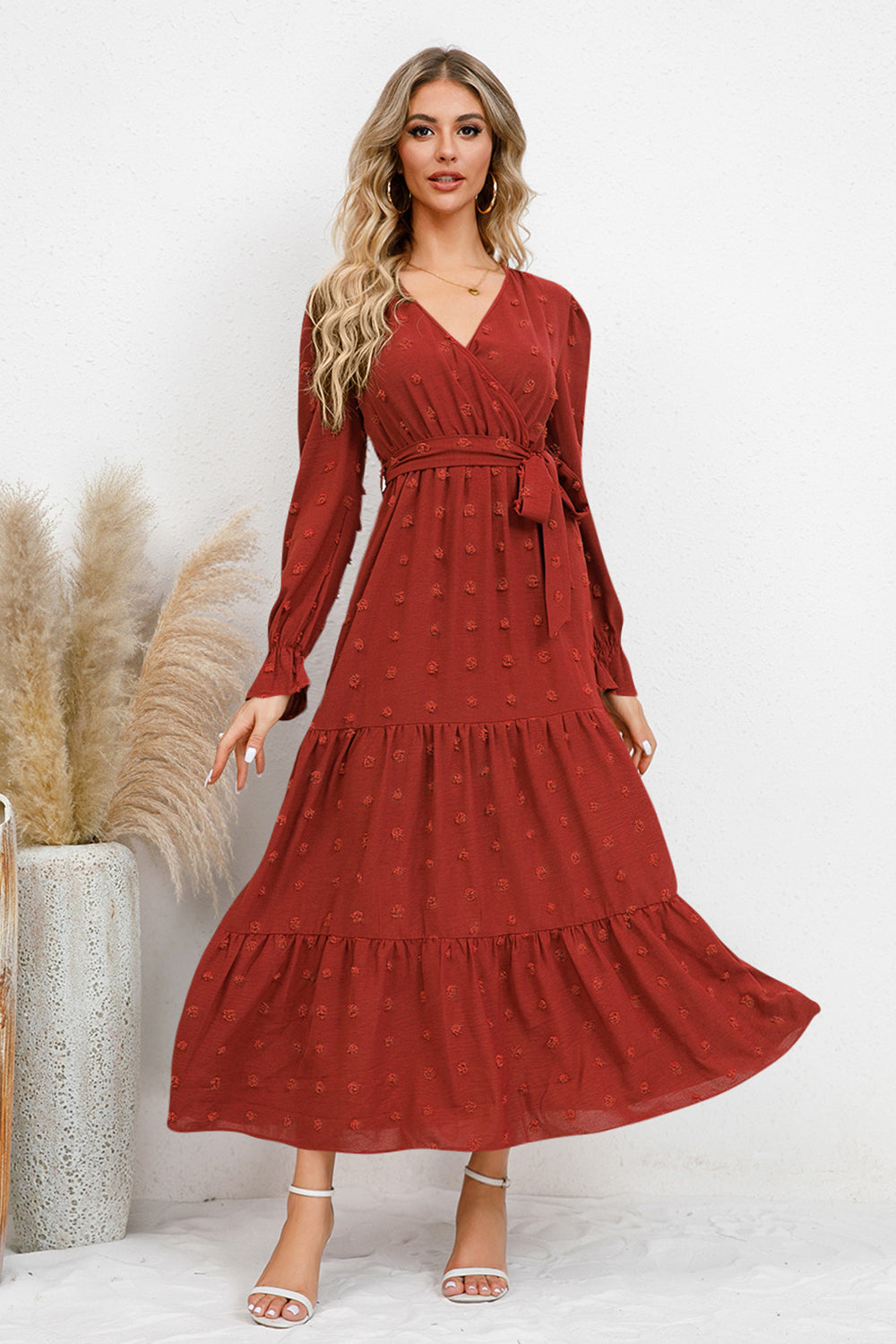 The Swiss Dot Tied Surplice Flounce Sleeve Dress