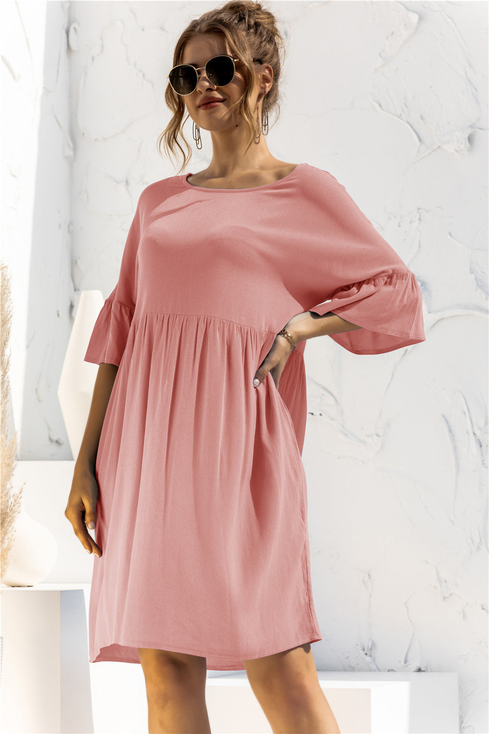 The Boat Neck Flounce Sleeve Knee-Length Dress