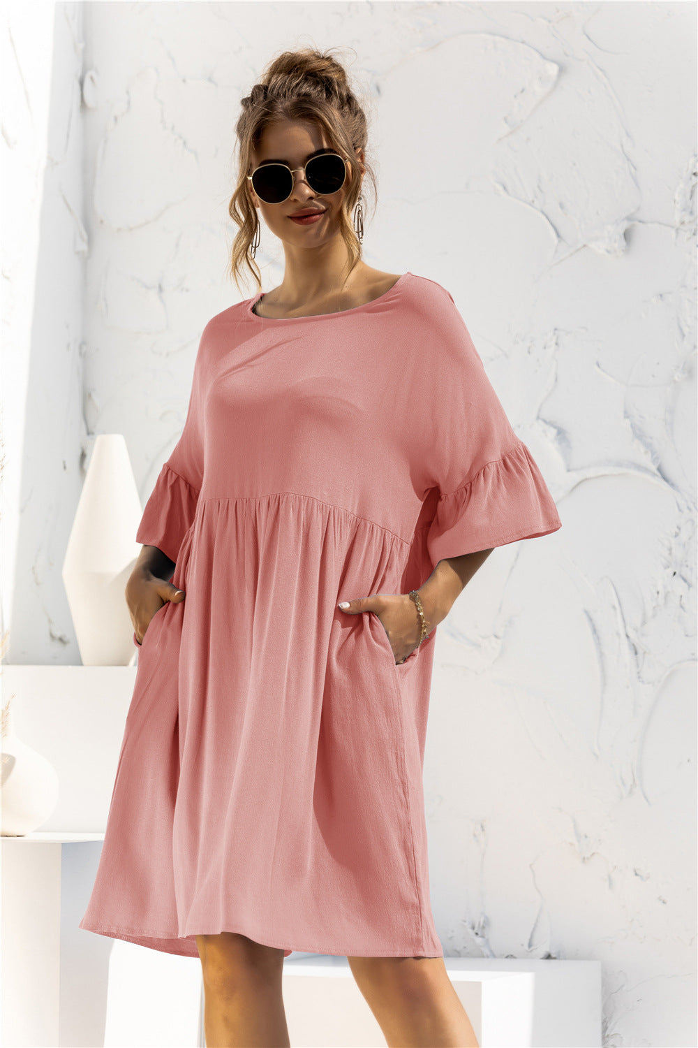 The Boat Neck Flounce Sleeve Knee-Length Dress