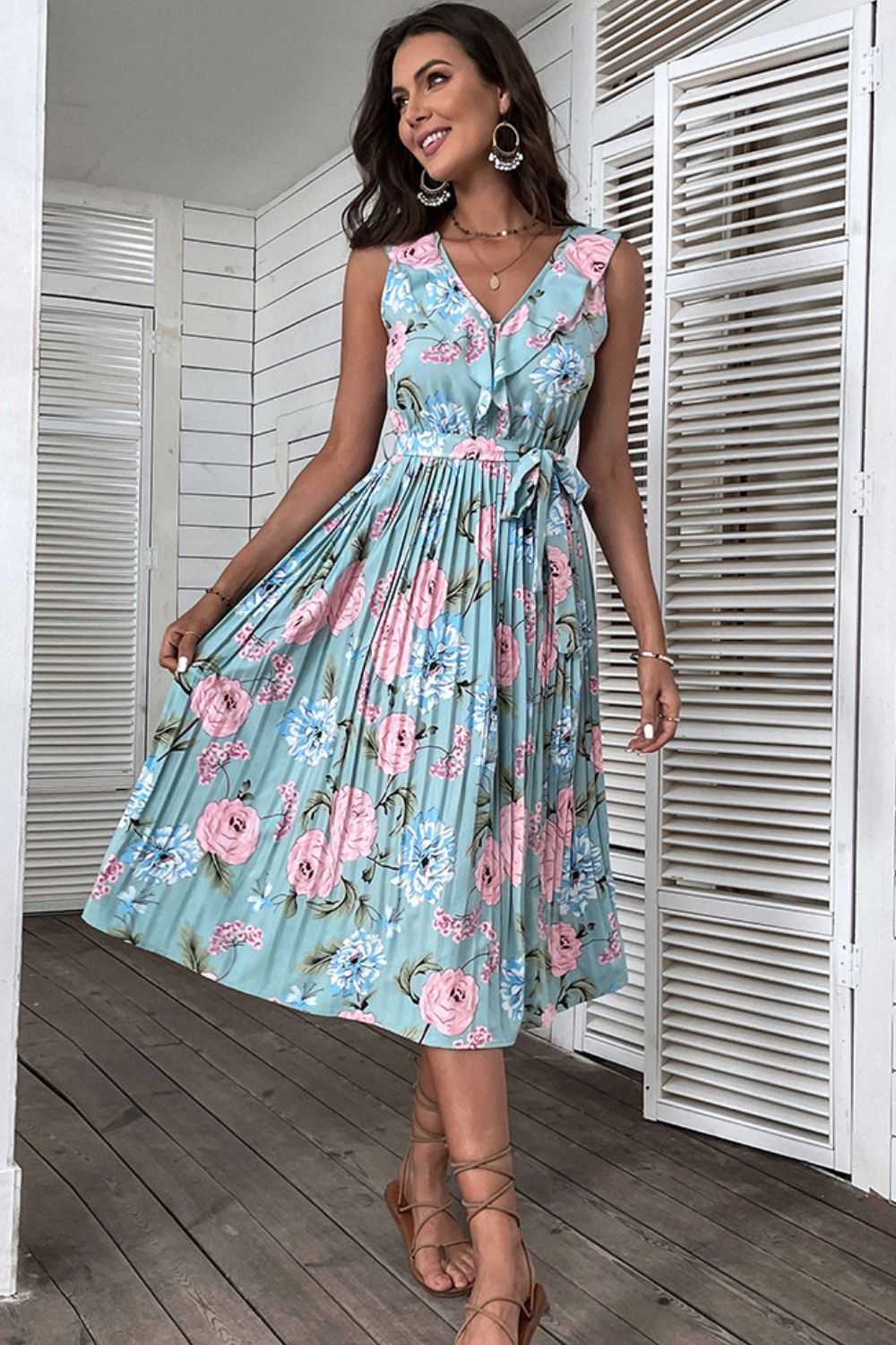 pleated waist printed dress Tied Pleated Printed Short Sleeve Dress Dark Green / M
