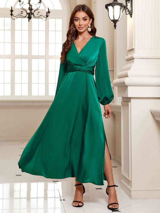The Green Surplice Slit Midi Dress