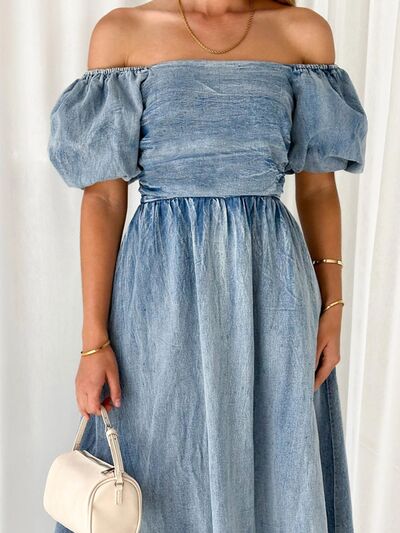 The Off-Shoulder Balloon Sleeve Denim Dress
