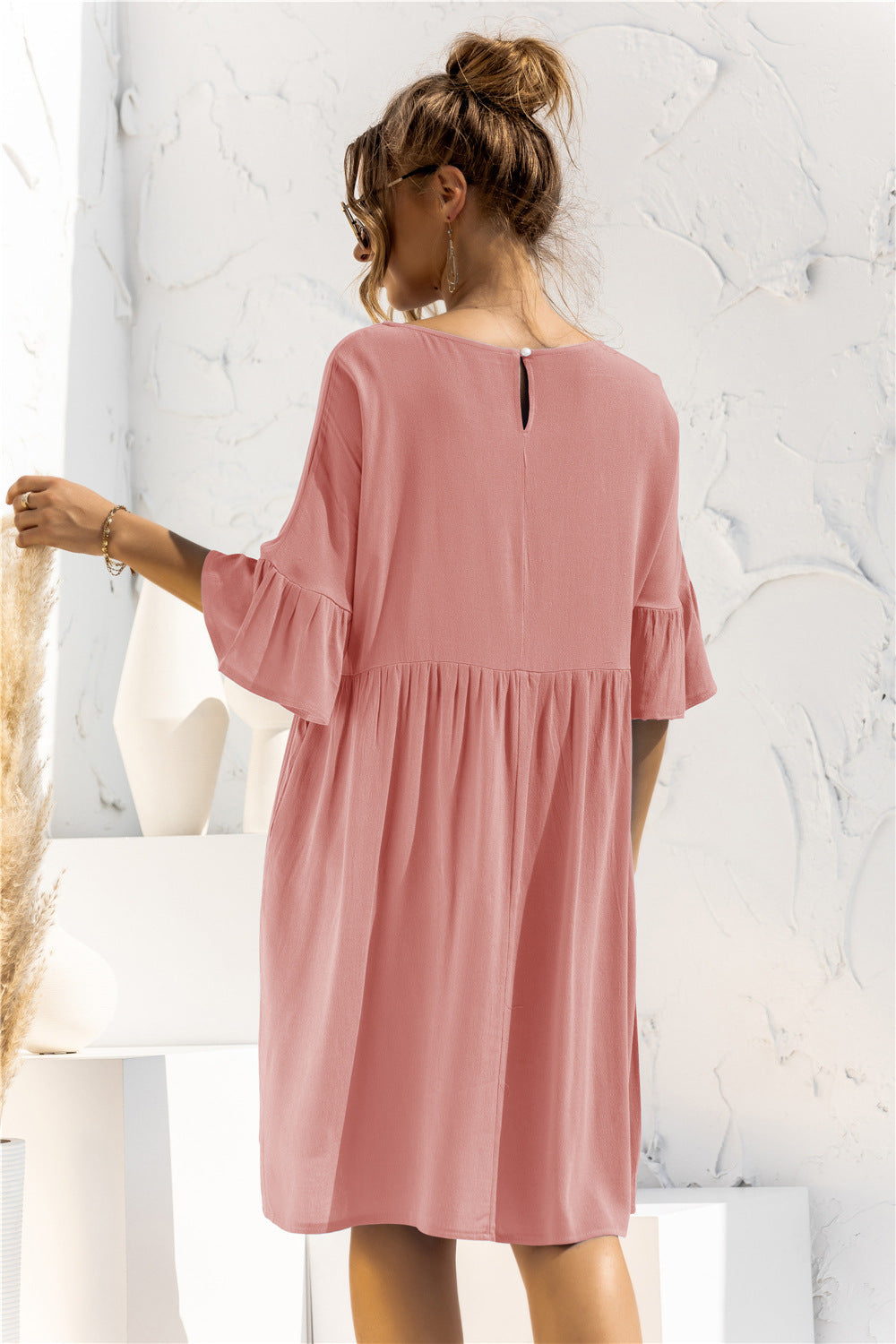The Boat Neck Flounce Sleeve Knee-Length Dress