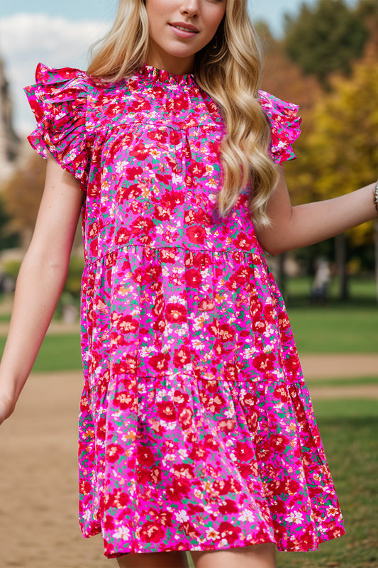 The Ruffled Printed Cap Sleeve Mini Dress