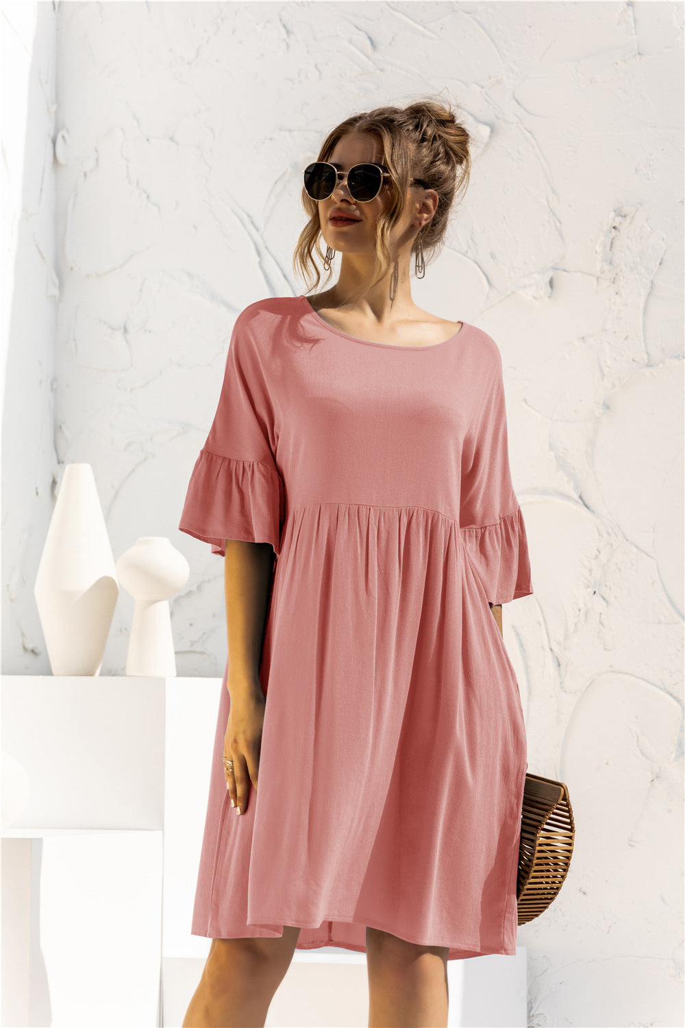 The Boat Neck Flounce Sleeve Knee-Length Dress